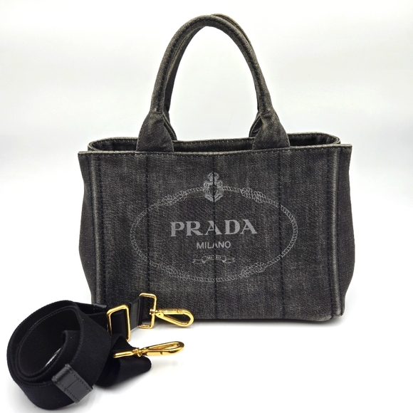 Prada Handbags - Prada Mini Tote Bag Canapa Denim Black - COA INCLUDED